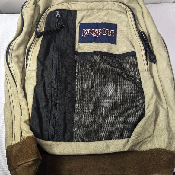 Vintage Jansport backpack suede leather bottom tan brow black mesh front Mexico